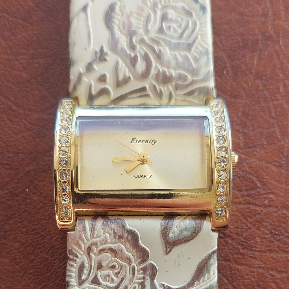 Eternity Gold Tone Rhinestone Tank Watch - Decorative Floral Band Needs Replace